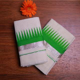 Kuthampully Handloom Cotton Set Mundu with 4 Inch Temple Design Border