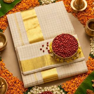 Kerala Saree with Jari Border & Double-Line Column Checks